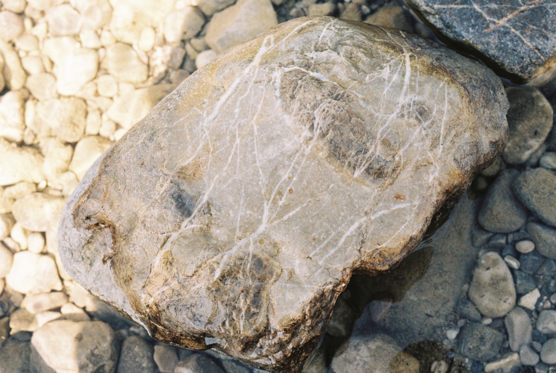 a rock with shiny lines on it